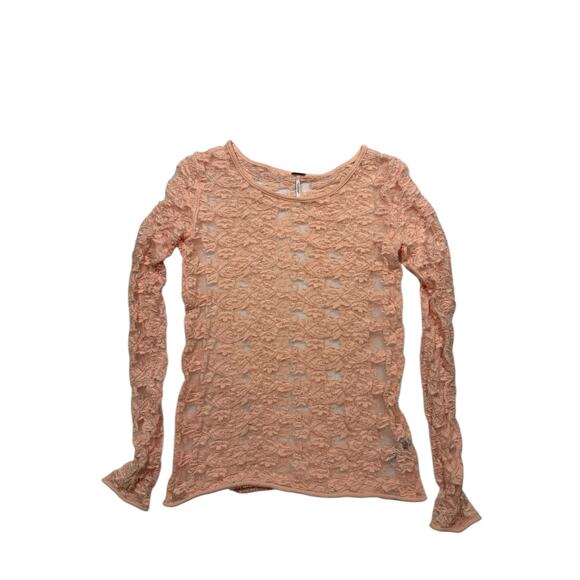 Free People Sheer Lace Textured Long Sleeve Top Blush Size M Romantic Coquette - Picture 2 of 8